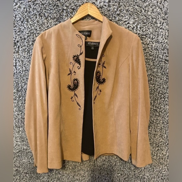 Studio 1 Beaded Blazer Womens Jacket 10 Brown Embroidered Open Front Retro Chic - Picture 4 of 11